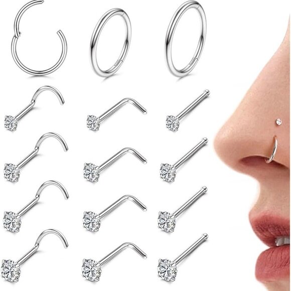 18G 20G Surgical Steel Nose Rings Set for Women Men - Hypoallergenic CZ Studs & - Picture 1 of 6